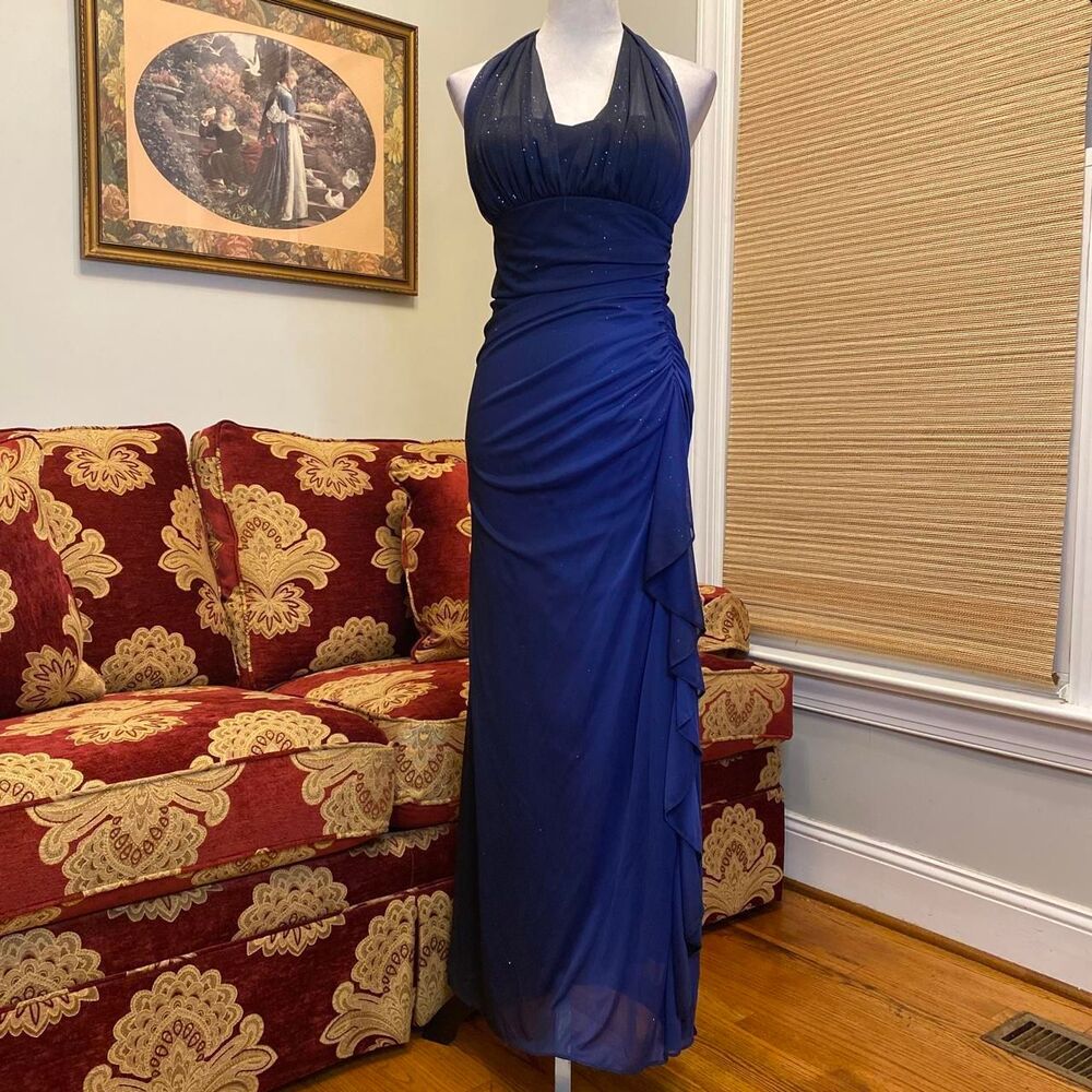 Vintage 90s blue glittery ombre maxi dress with ruffles and ruched details